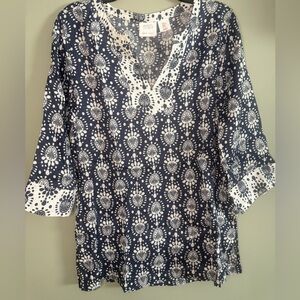 Sigrid Olsen 100% linen Blue and White 3/4 sleeve Tunic V Neck blouse medium